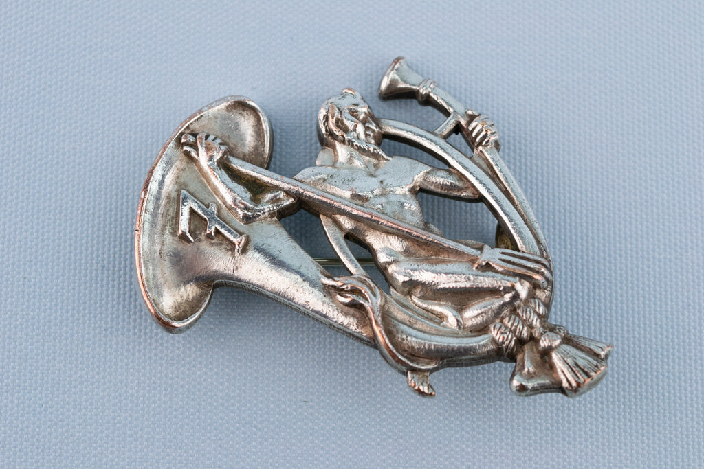 Musical Brooch with Trumpet & Devil, English Early 1900s