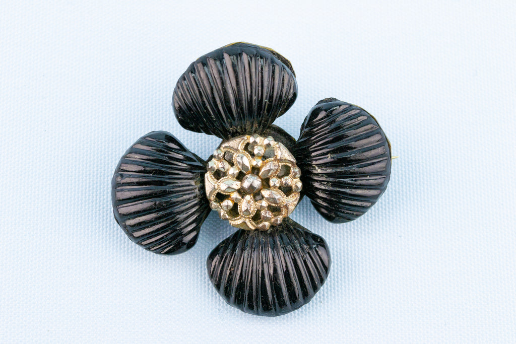 Black Glass & Cut Steel Brooch, English 1840s