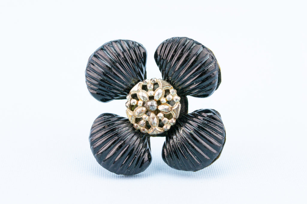 Black Glass & Cut Steel Brooch, English 1840s