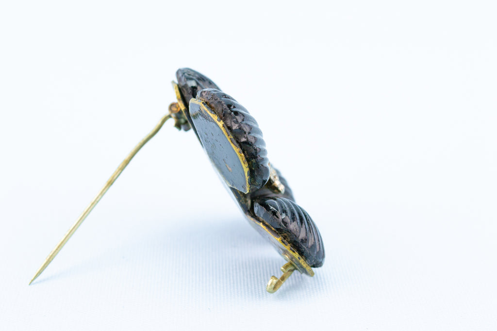 Black Glass & Cut Steel Brooch, English 1840s