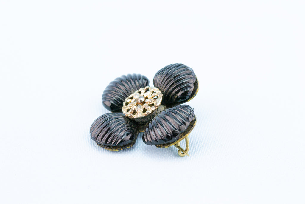 Black Glass & Cut Steel Brooch, English 1840s