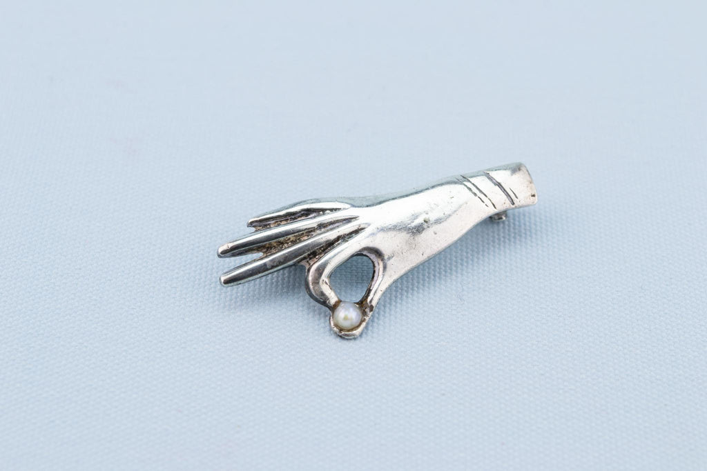 Silver and Pearl Hand Brooch, English Early 1900s