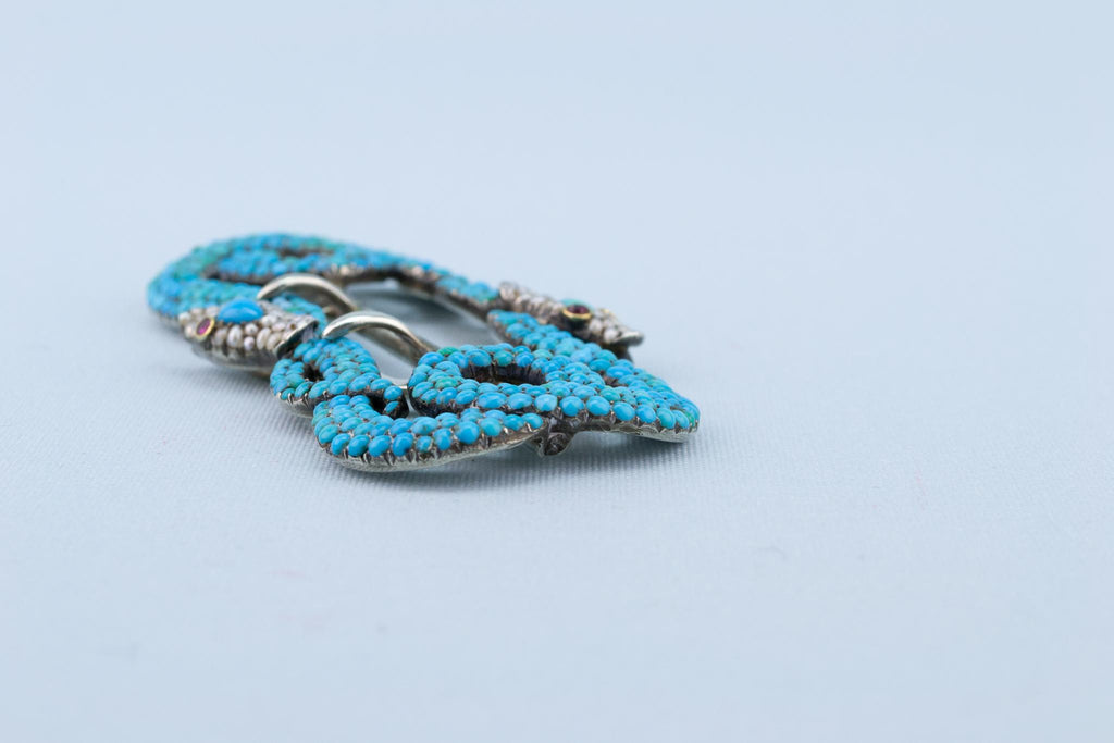 Snake Buckle Turquoise Ruby & Pearl, English Early 1800s