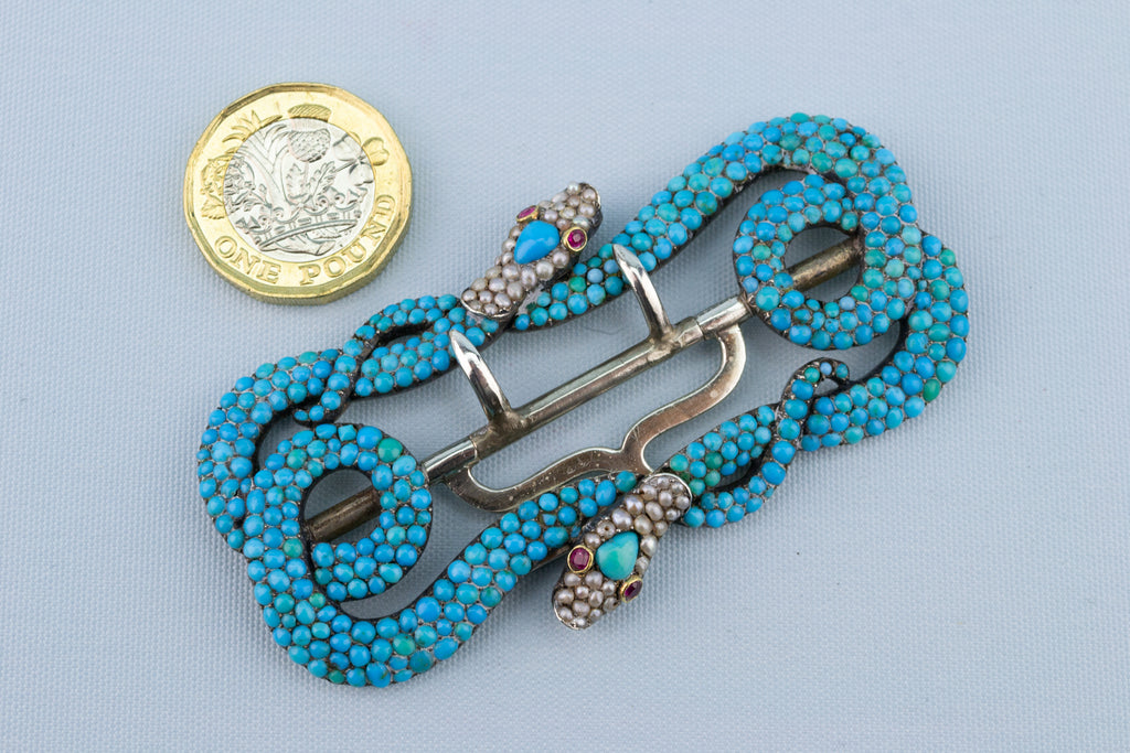 Snake Buckle Turquoise Ruby & Pearl, English Early 1800s