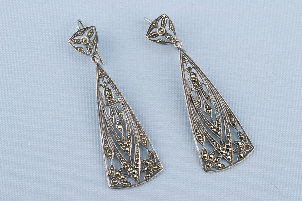 Art Deco Silver & Marcasite Earrings, English 1920s