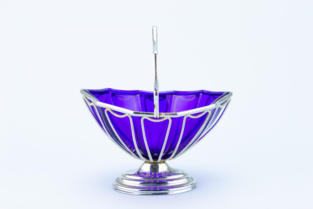Blue Sauce Bowl in Silver Plated Basket, English 1950s