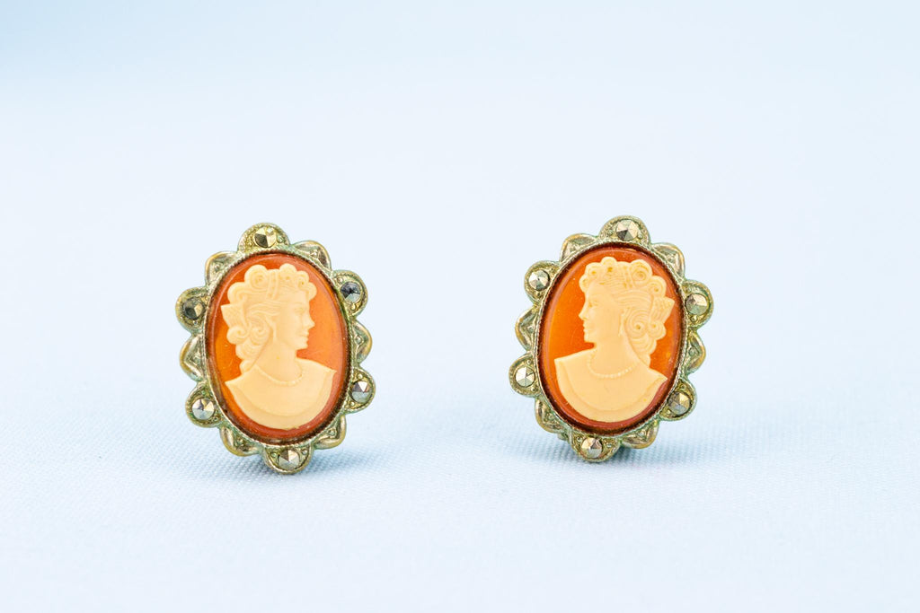 Marcasite Cameo Clip Earrings, English 1920s