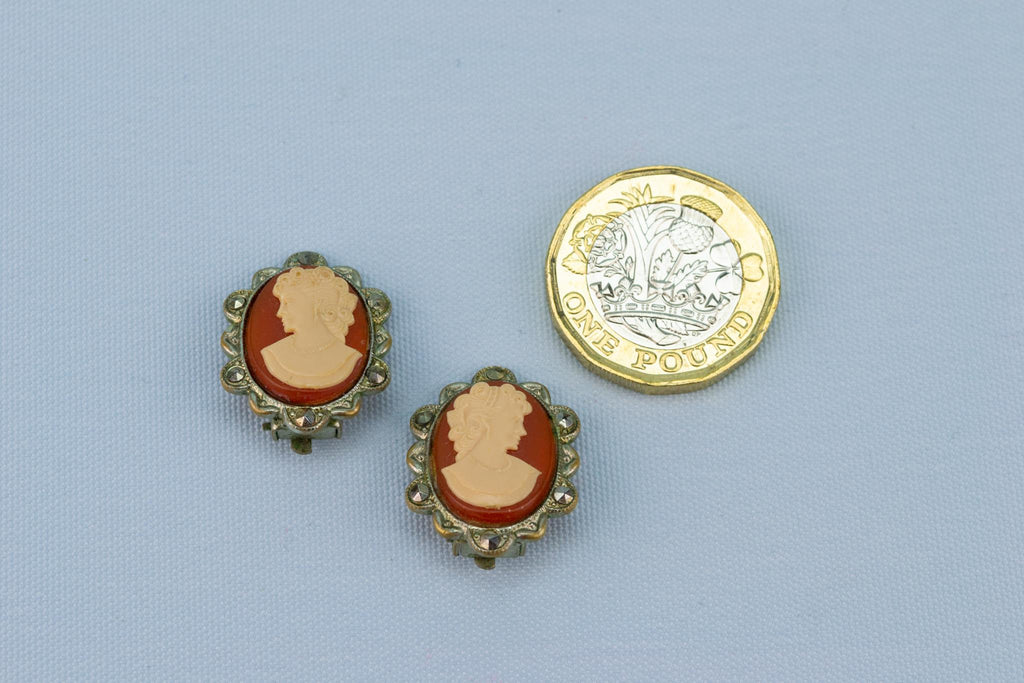 Marcasite Cameo Clip Earrings, English 1920s
