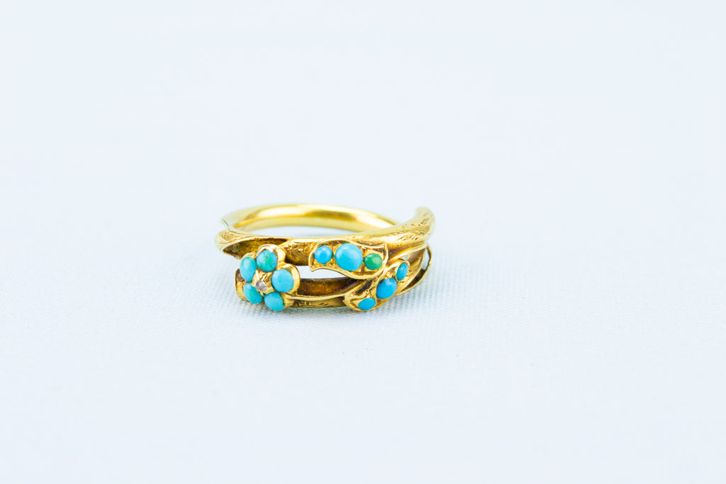 Gold Love Token Ring Turquoise & Diamond, English 19th Century