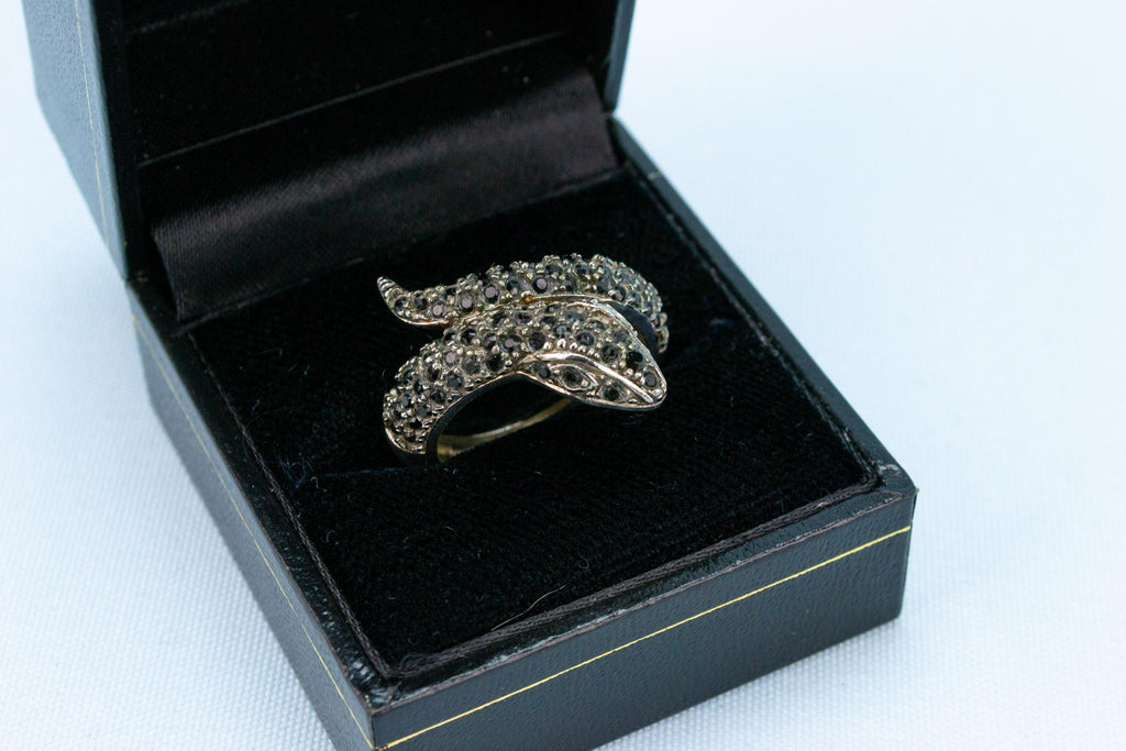 Snake Ring in Sterling Silver with Black CZ Stones