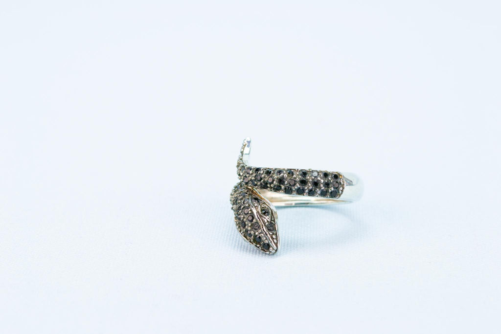 Snake Ring in Sterling Silver with Black CZ Stones