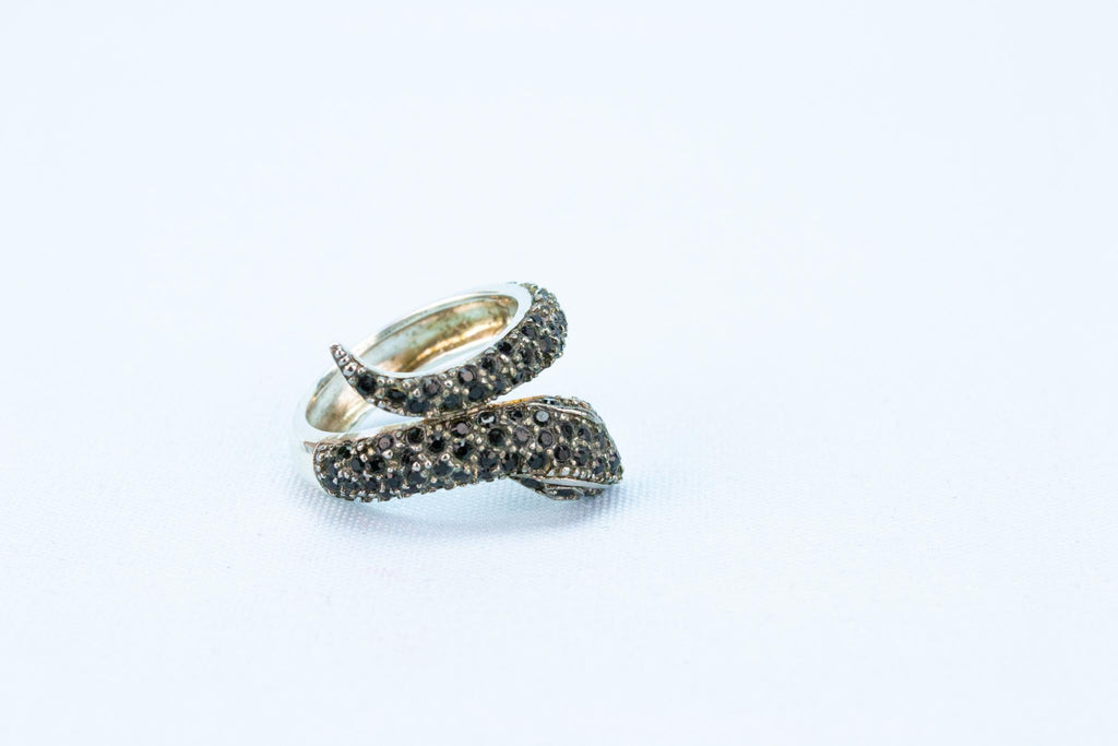 Snake Ring in Sterling Silver with Black CZ Stones