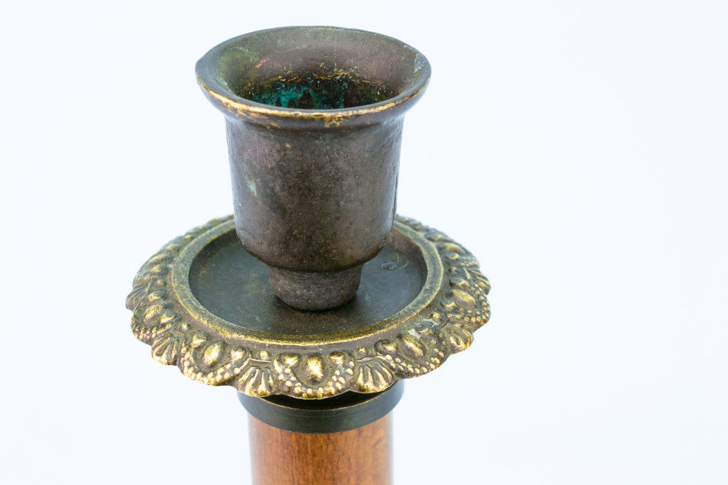 Arts & Crafts Candlestick in Wood and Brass, English Early 1900s