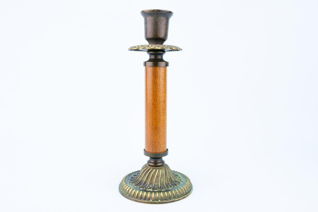 Arts & Crafts Candlestick in Wood and Brass, English Early 1900s