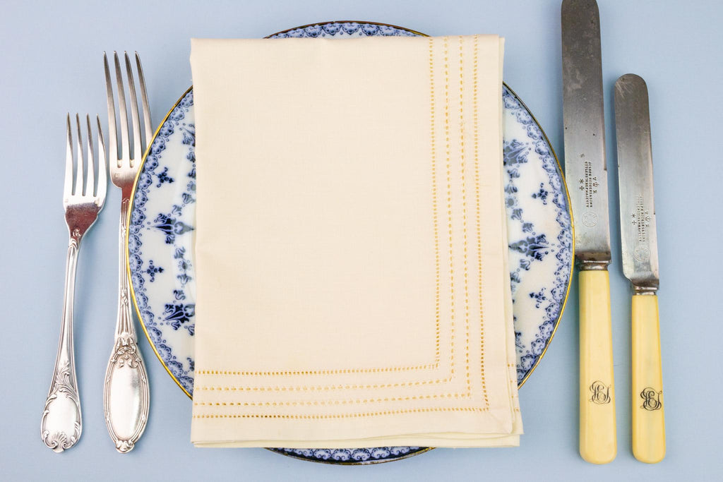 6 Large Linen Napkins with Pulled Threadwork