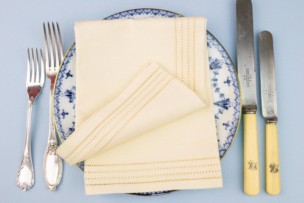 6 Large Linen Napkins with Pulled Threadwork