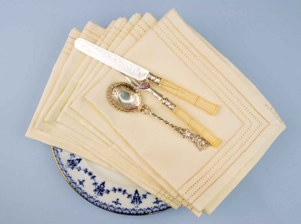 6 Large Linen Napkins with Pulled Threadwork