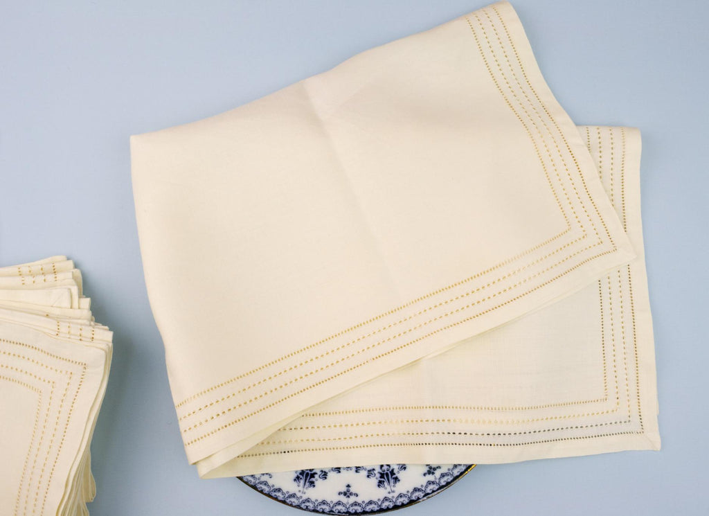 6 Large Linen Napkins with Pulled Threadwork