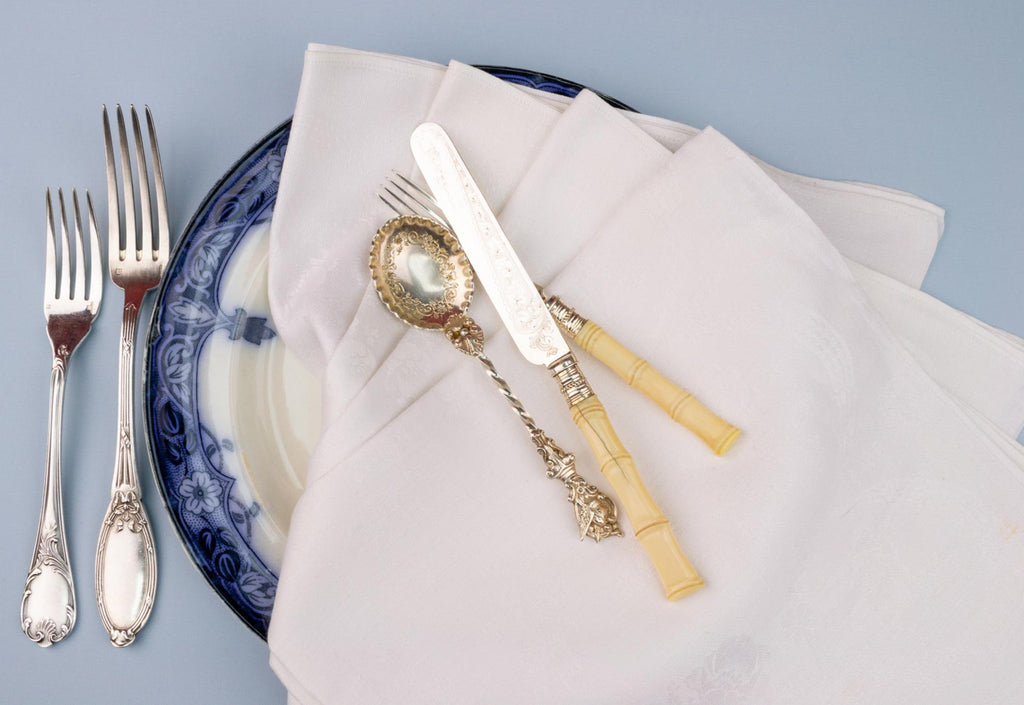 4 Large Woven Damask Linen Napkins, English Circa 1900