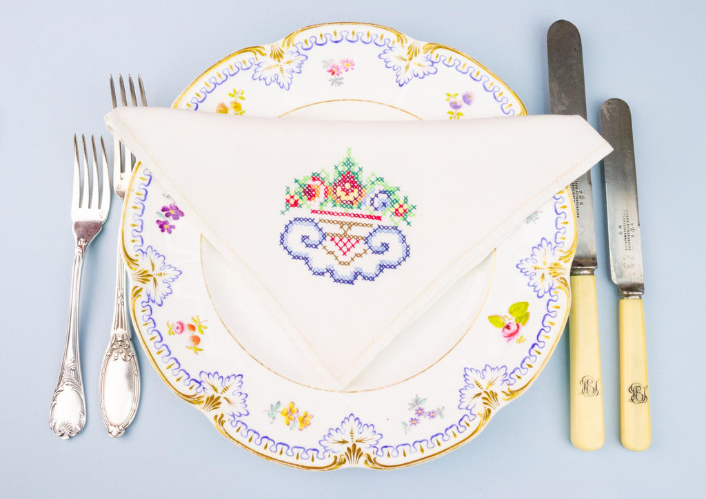6 Colour Embroidered Linen Napkins, English 1920s