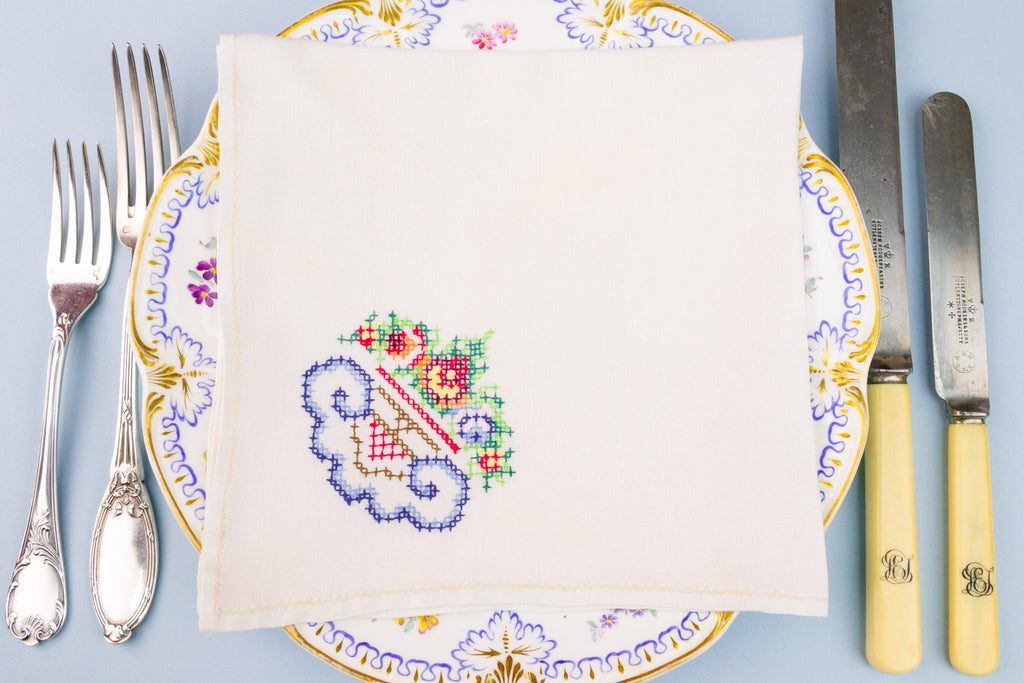 6 Colour Embroidered Linen Napkins, English 1920s
