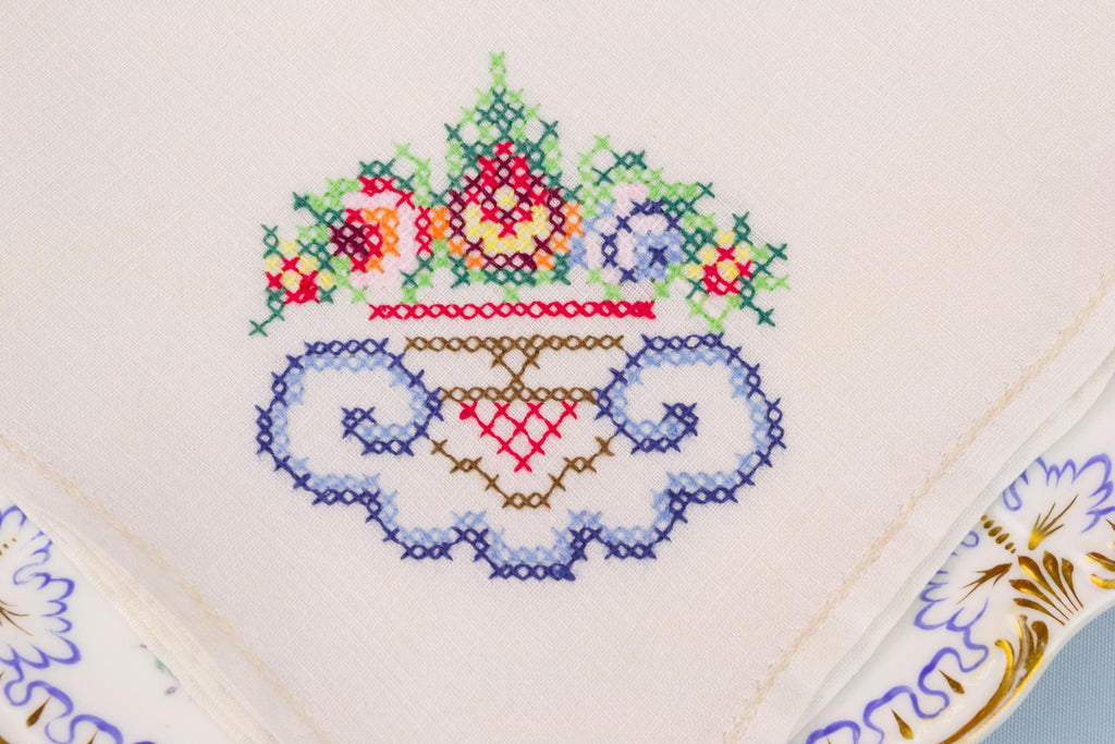 6 Colour Embroidered Linen Napkins, English 1920s
