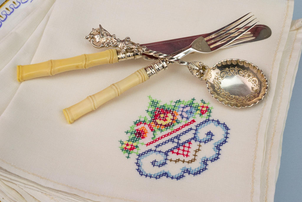 6 Colour Embroidered Linen Napkins, English 1920s