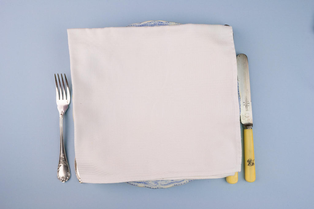 6 White Damask Cotton Napkins, English 1920s