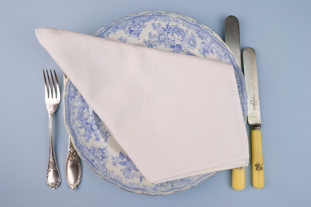 6 White Damask Cotton Napkins, English 1920s