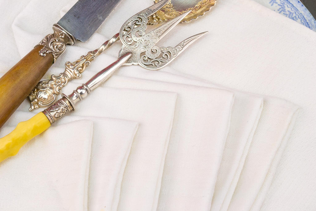 6 White Damask Cotton Napkins, English 1920s
