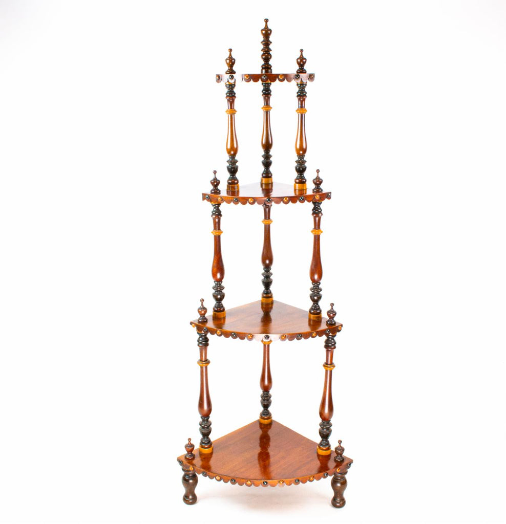 Mahogany & Exotic Woods Corner Shelf Stand, English circa 1870