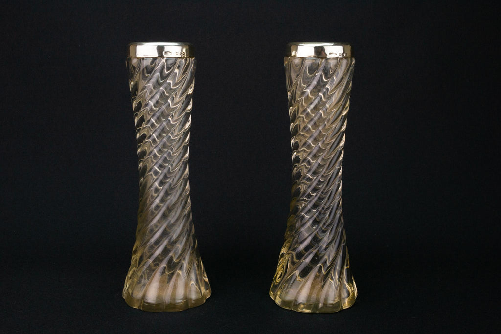 Pair of Glass Sterling Silver Vases, English 1899