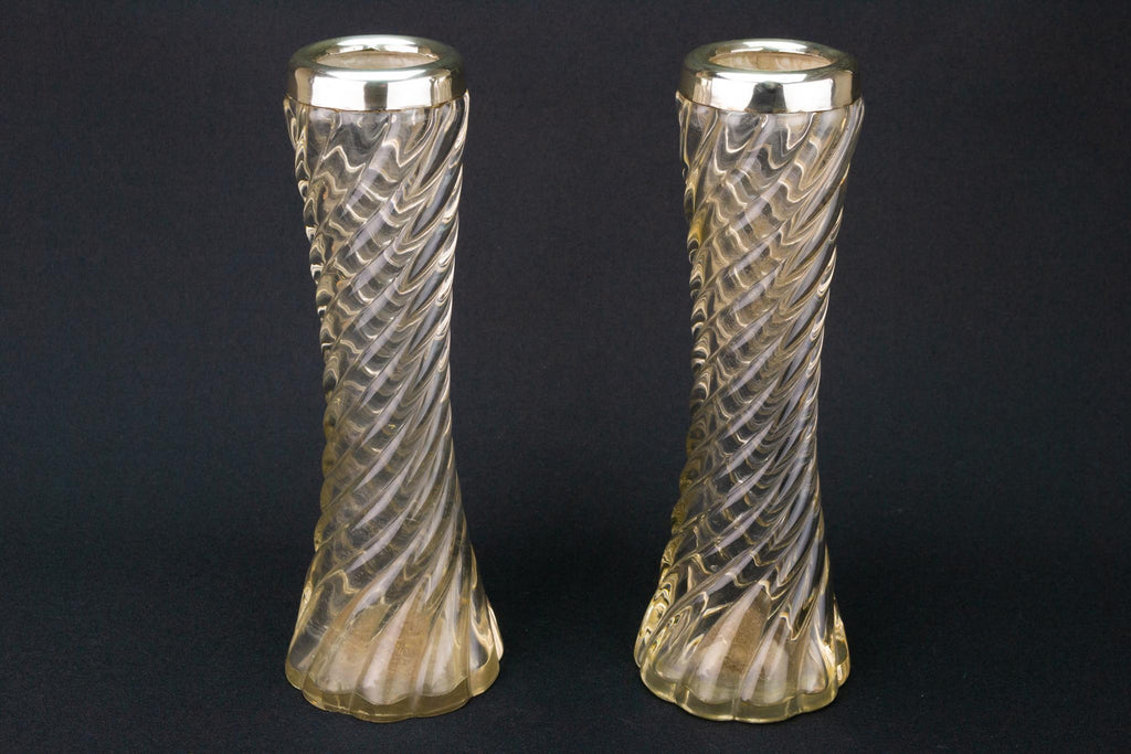 Pair of Glass Sterling Silver Vases, English 1899
