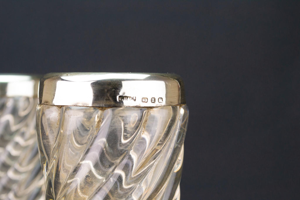 Pair of Glass Sterling Silver Vases, English 1899