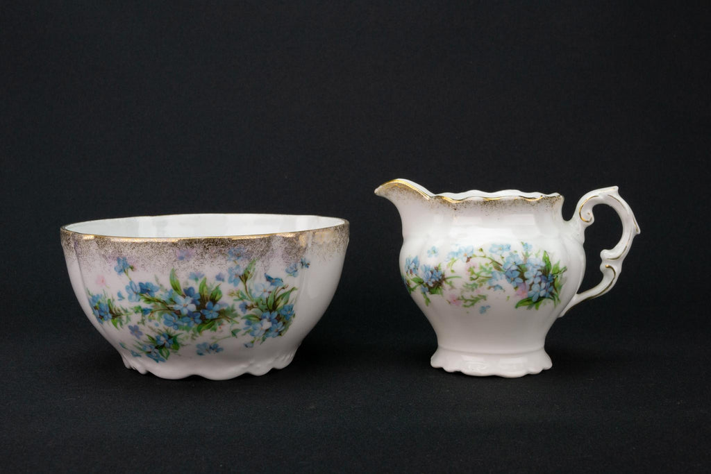 Floral Blue Milk and Sugar Set, English 1910s