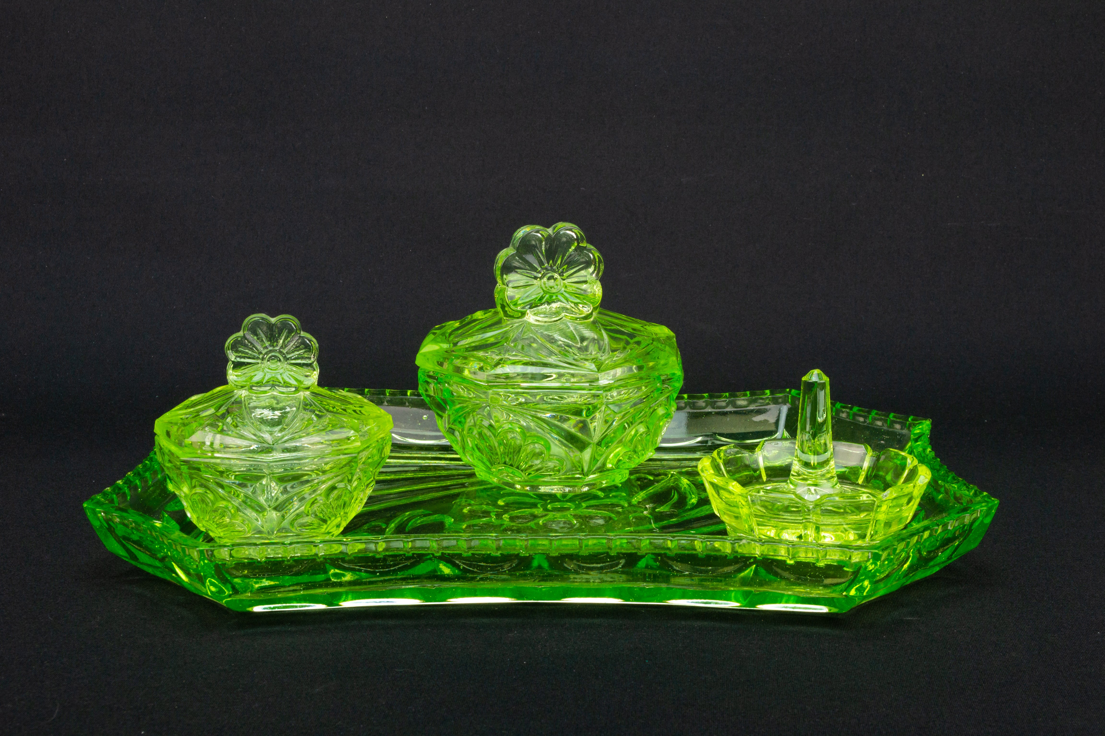 Green Glass Dressing Table Set Art Deco Green Glass Dressing Table Set Art Deco