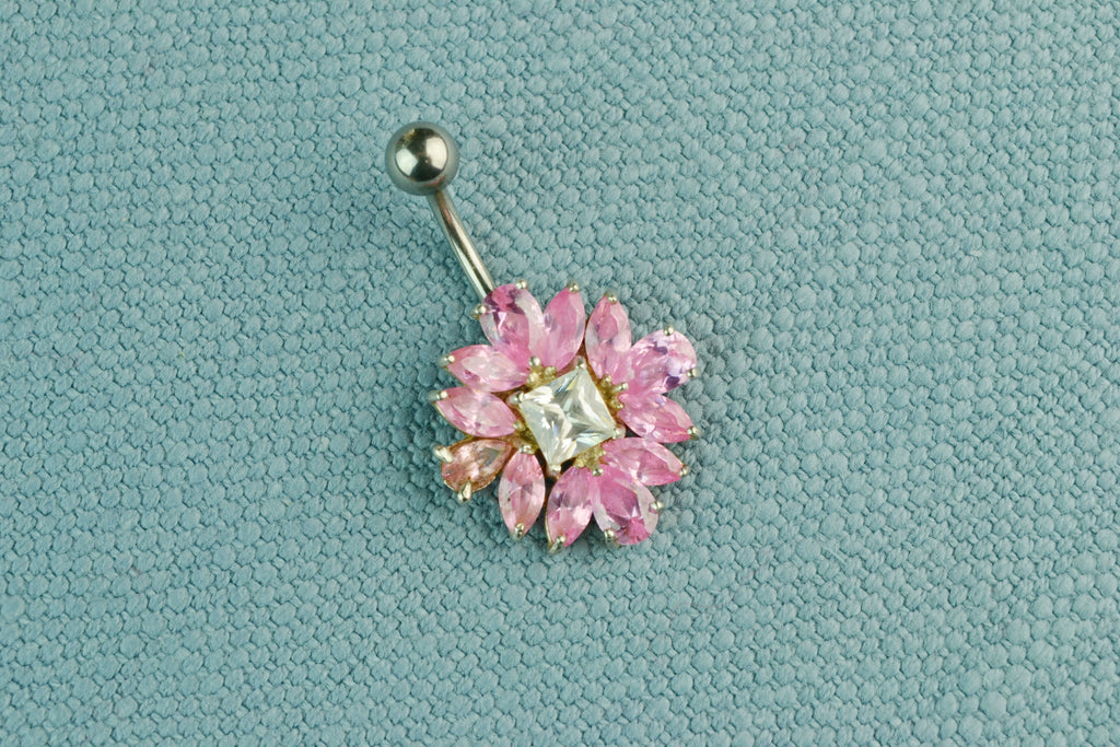 Belly Ring in Sterling Silver with Pink CZ Flwer