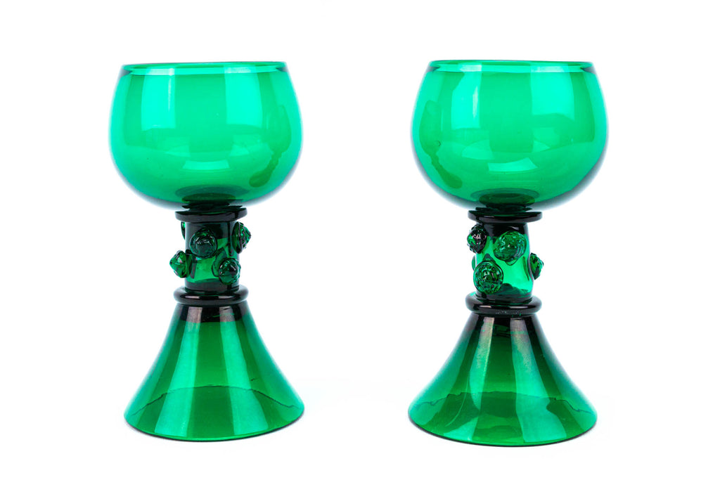 2 Dark Green Wine Glasses, 19th Century