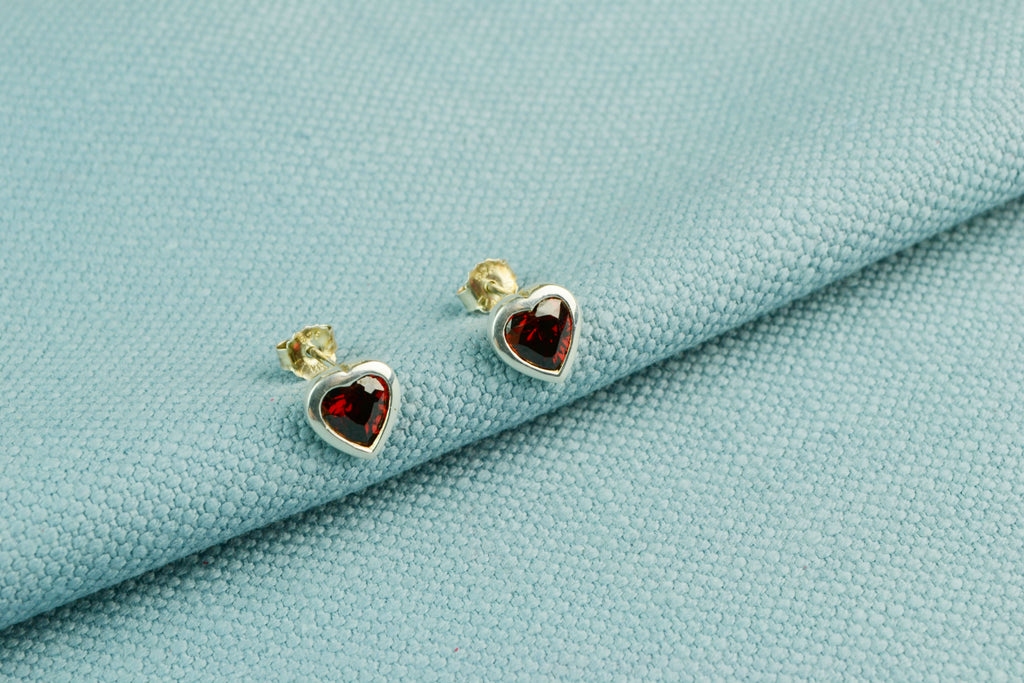 Stud Earrings Sterling Silver & Red Heart CZ