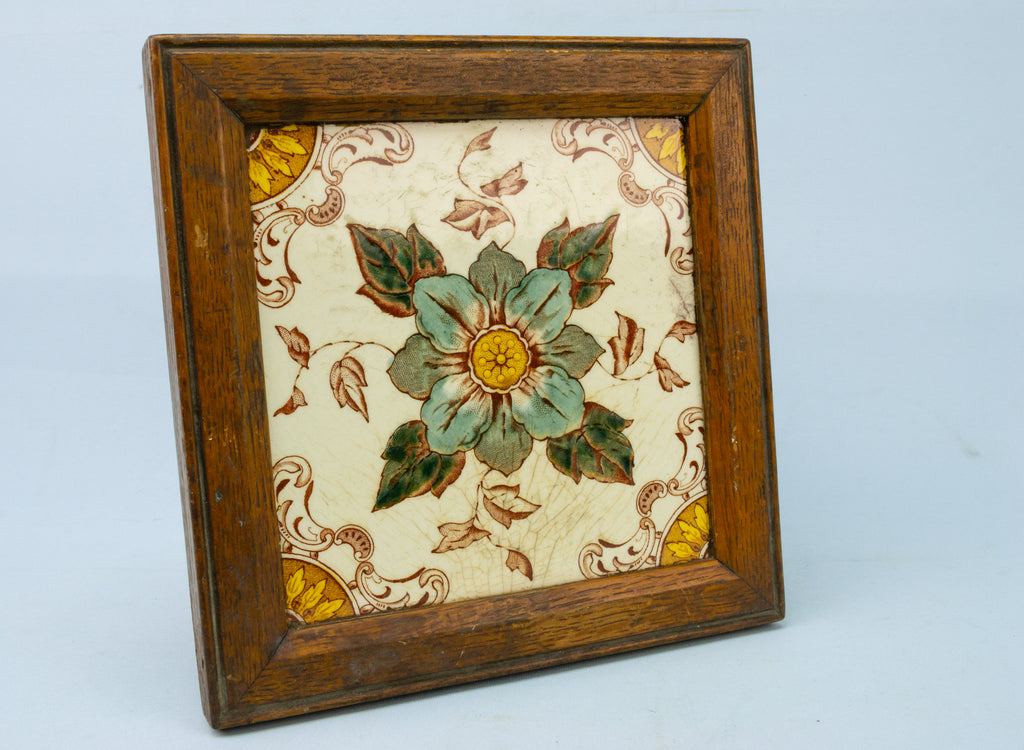 Victorian Tile in Oak Frame Antique 19th Century