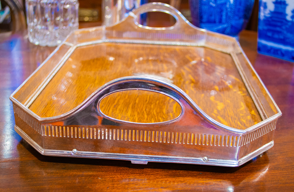 Silver Plated Oak Drinks Tray Arts & Crafts circa 1900