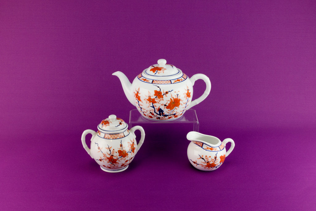 Chinese porcelain red and white tea set trio