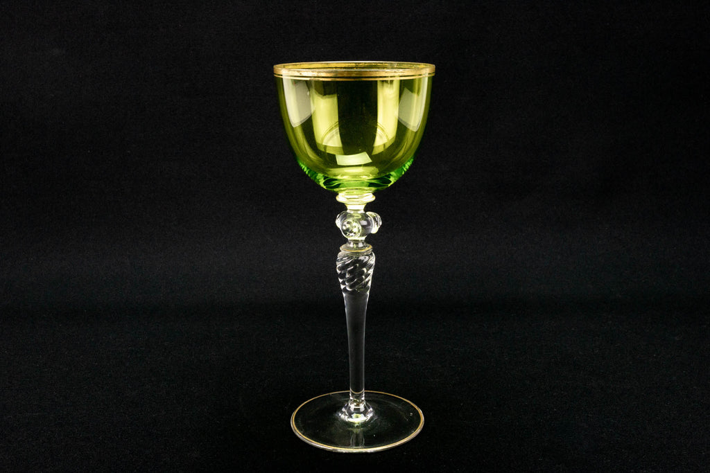 Two Tall Green Wine Glasses French 1930s