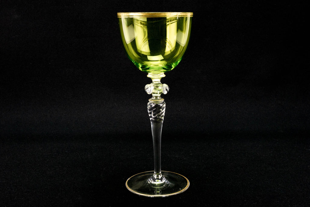 Two Tall Green Wine Glasses French 1930s