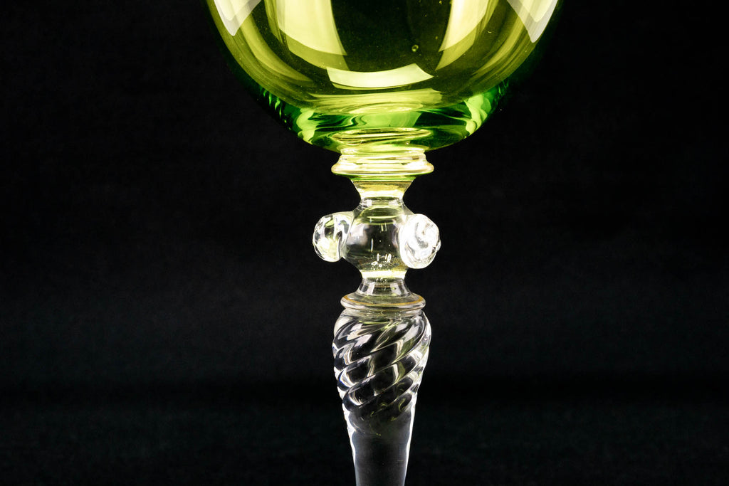 Two Tall Green Wine Glasses French 1930s