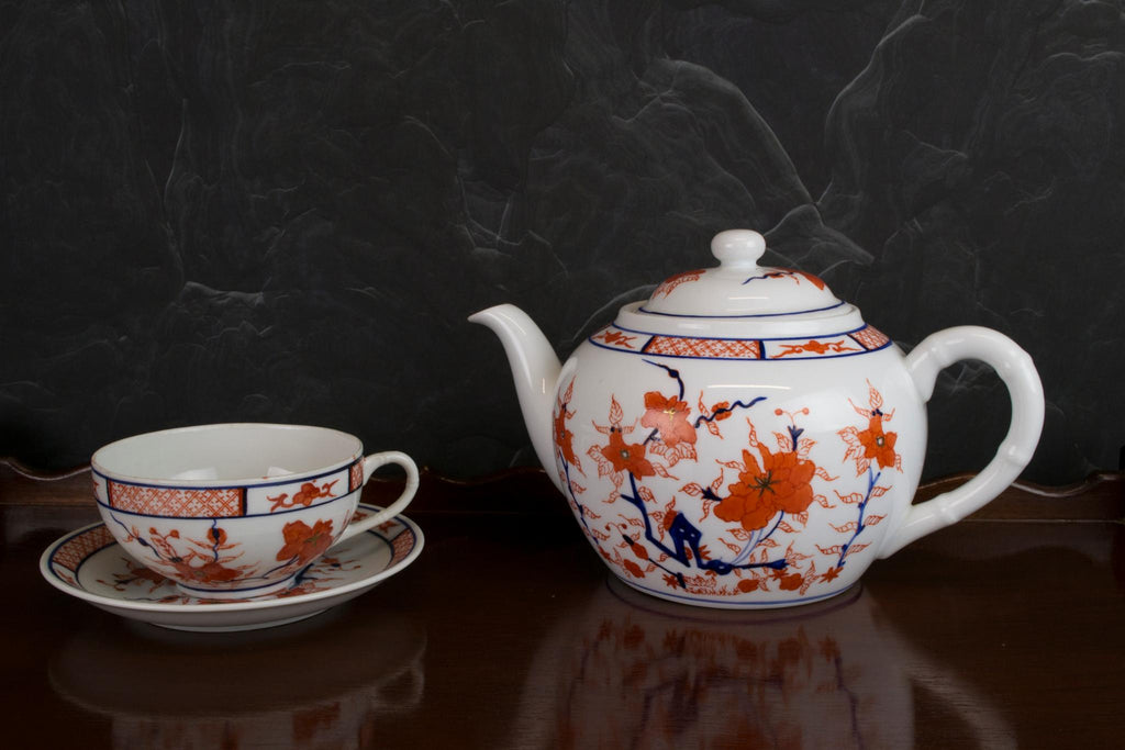 Chinese porcelain red and white tea set trio