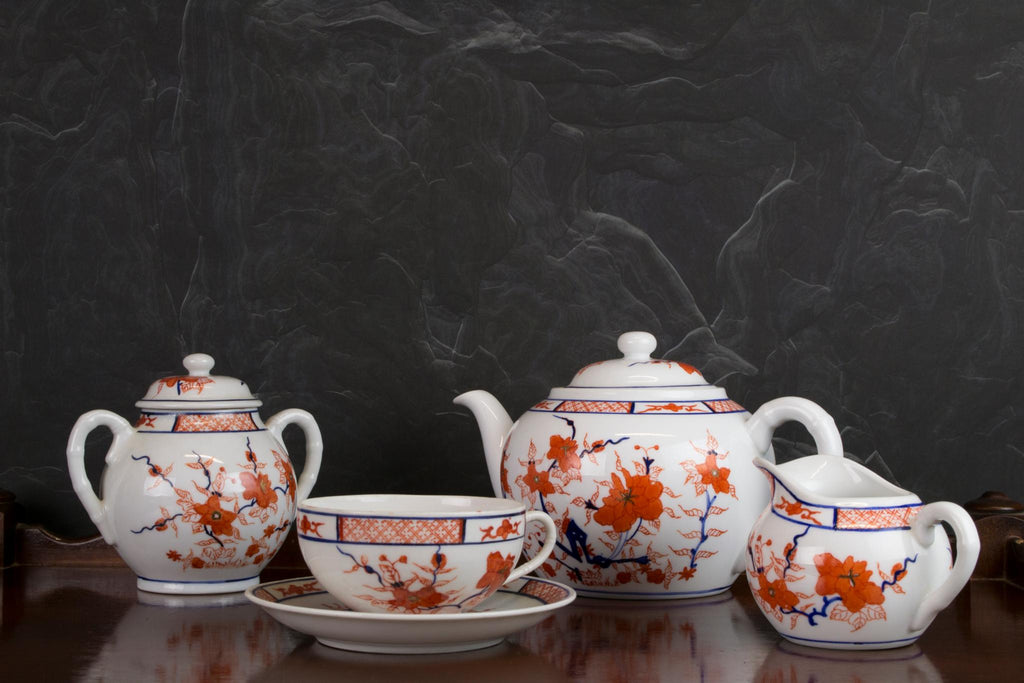 Chinese porcelain red and white tea set trio